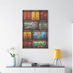 Colorful graffiti-style wall art on a white wall above a desk with a lamp and books.