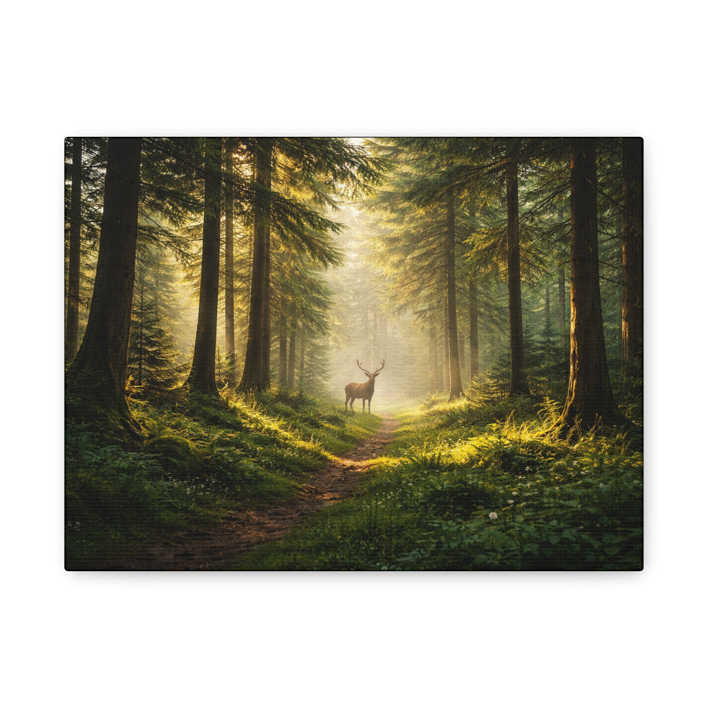 Deer standing in a misty forest with sunlight filtering through the trees