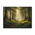 Deer standing in a misty forest with sunlight filtering through the trees