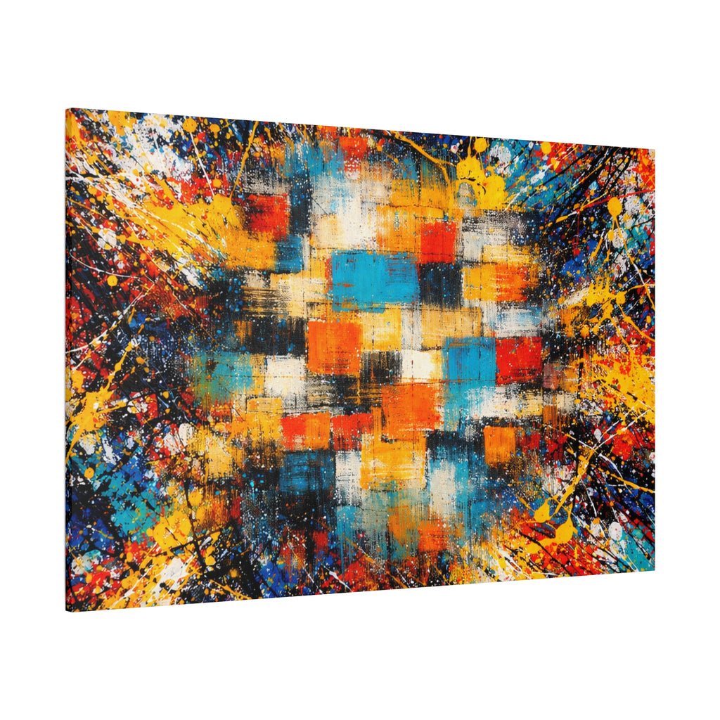 Abstract art painting with colorful geometric patterns on a white background