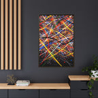 Abstract colorful painting on a dark wall with wooden furniture and decor.