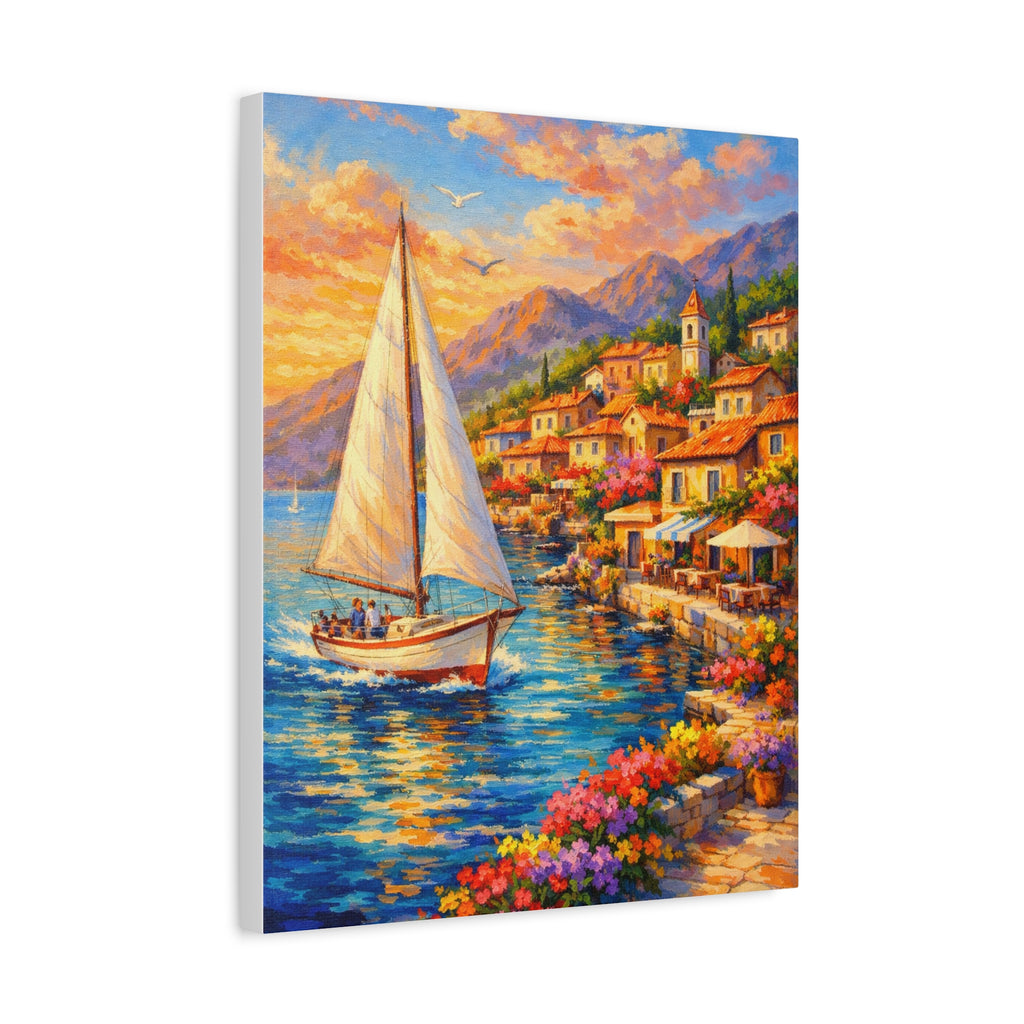 Mediterranean Sailboat Village Canvas — Stretched Wall Art