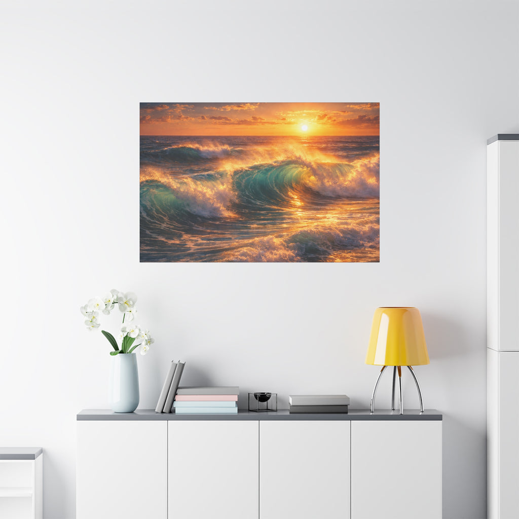 Sunset Ocean Wave Canvas | Sunlit Evening Flowing Sea Movement | Vibrant Ocean Seascape Artwork