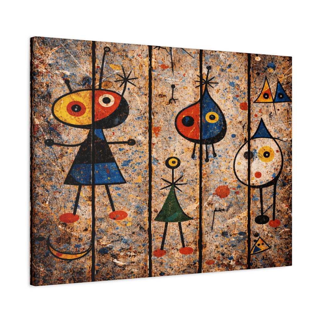 Abstract artwork with colorful figures on a textured background