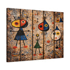 Abstract artwork with colorful figures on a textured background
