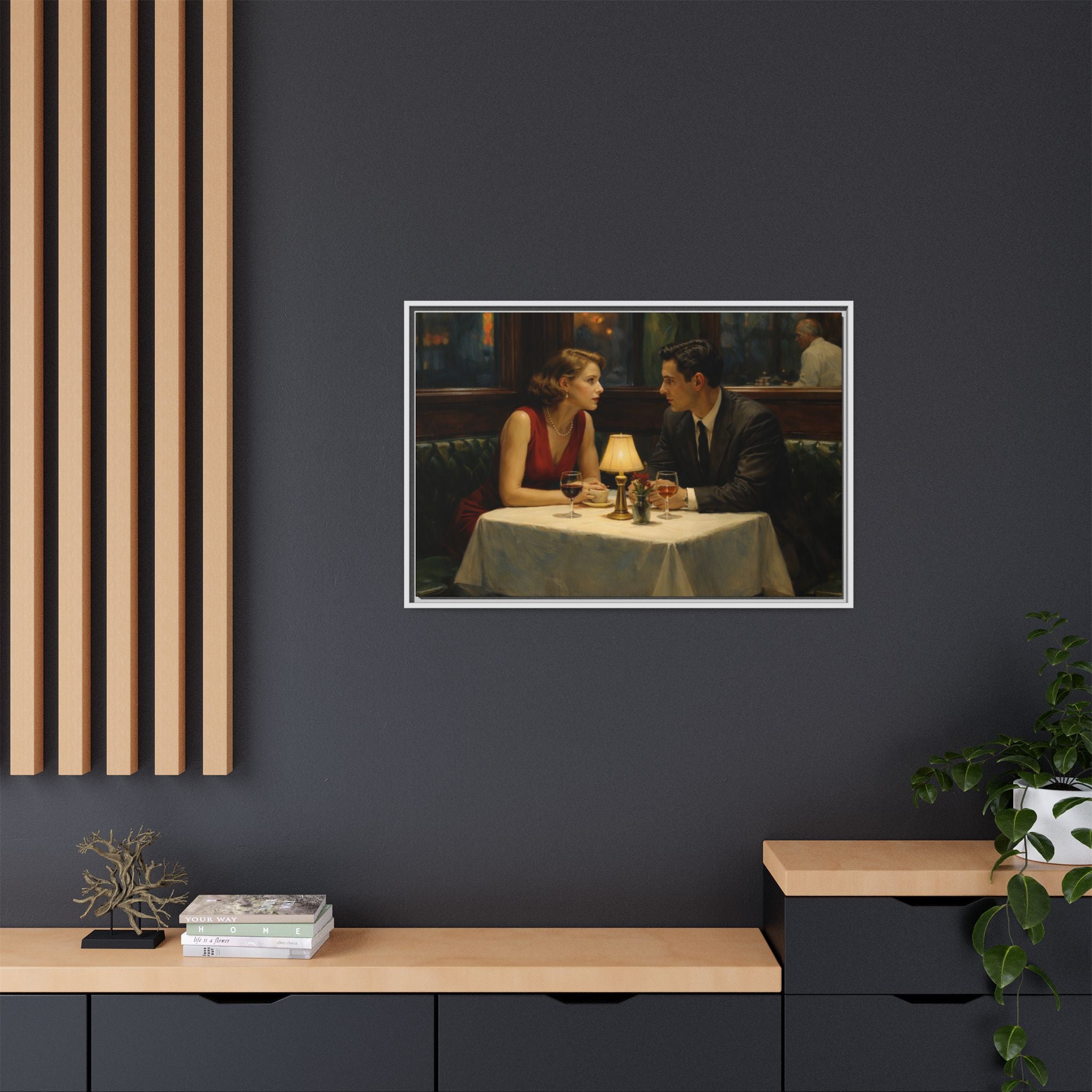 Framed Matte Canvas | Intimate evening in a dim restaurant | Edward Hopper Homage