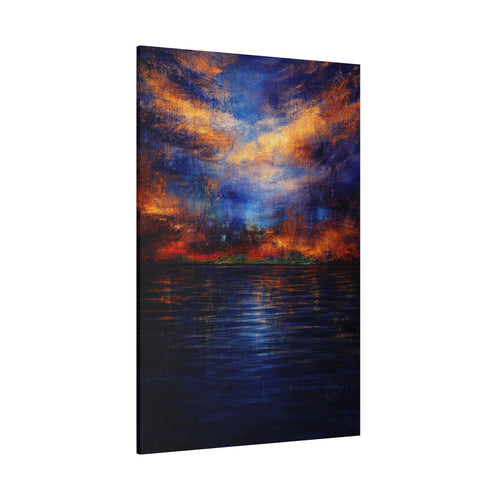 Canvas print of a sunset over water with vibrant colors on a white background