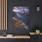 Scenic mountain and lake painting on a dark wall with wooden shelves and decor.