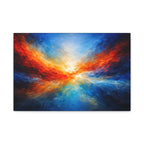 Colorful abstract art piece with red, orange, and blue hues on a white background