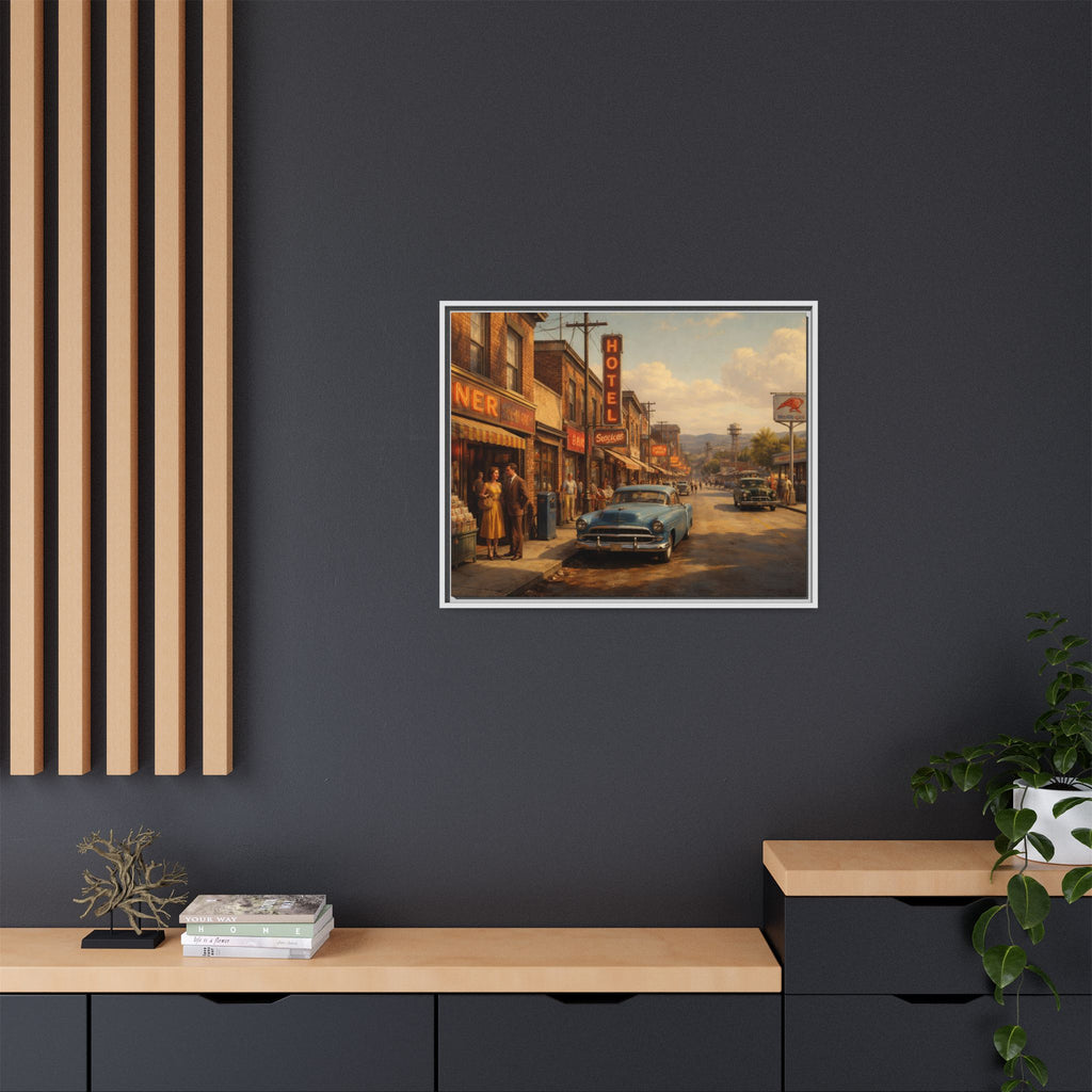 Framed Canvas | Golden Hour on Main Street | Mid Century American Realist Image