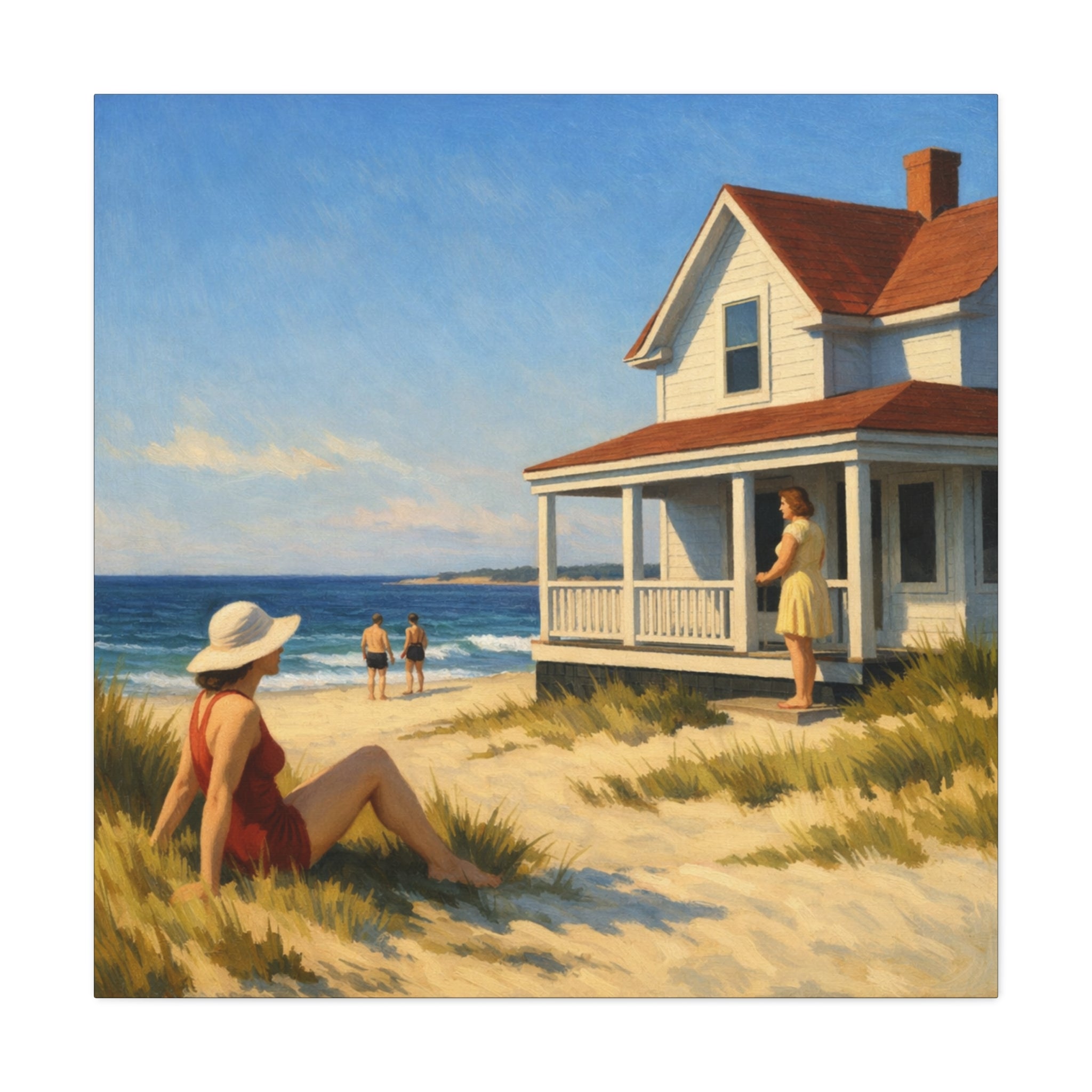 Beach House Wall Artwork | Edward Hopper Inspired Coastal Canvas Art