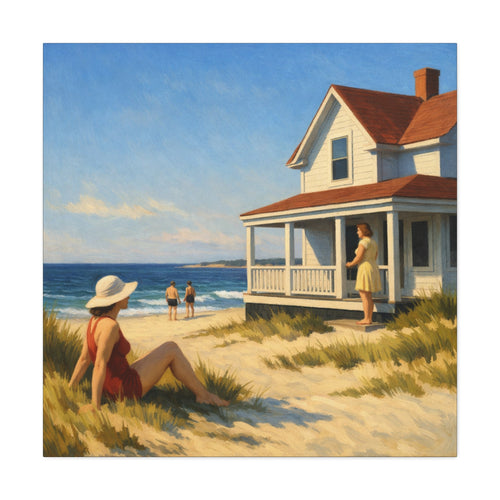 Painting of a beach scene with a house, people, and a woman in a red dress sitting in the sand.