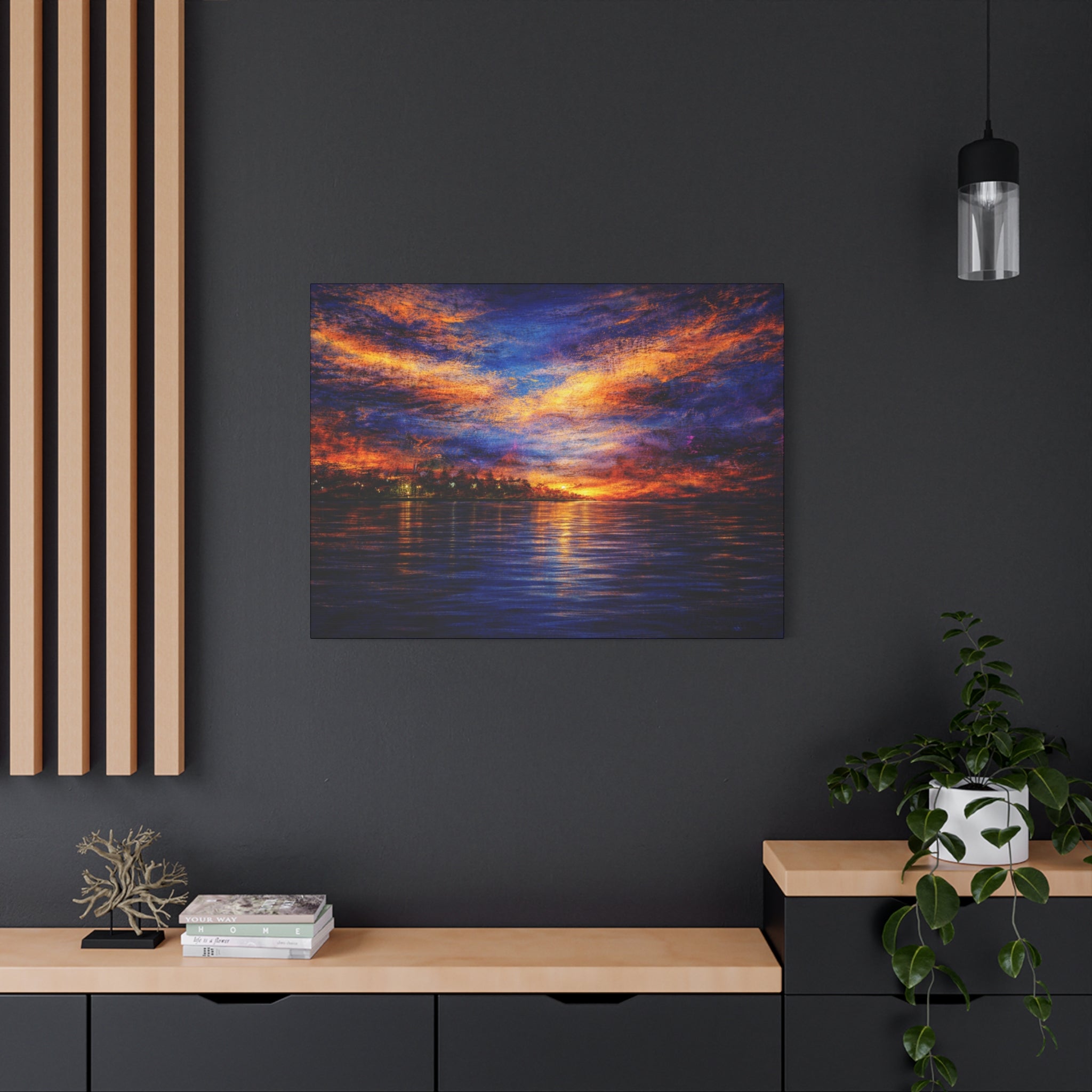 Vibrant Sunset Over Water Canvas | Large Abstract Seascape Wall Art | Dramatic Blue & Orange Coastal Image
