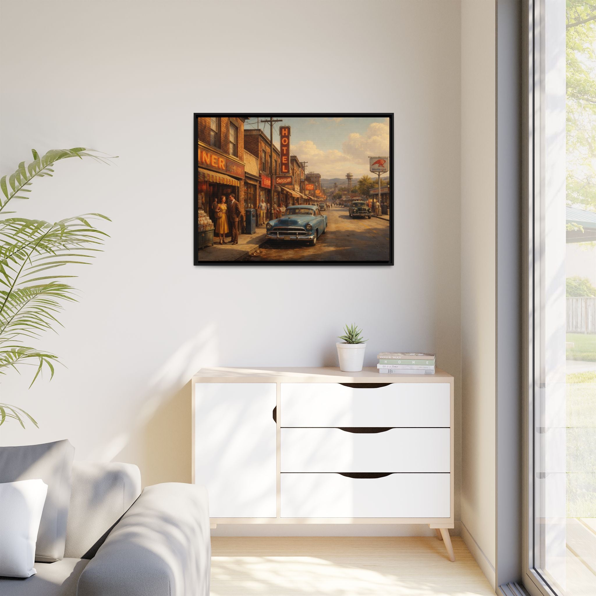 Framed Canvas | Golden Hour on Main Street | Mid Century American Realist Image