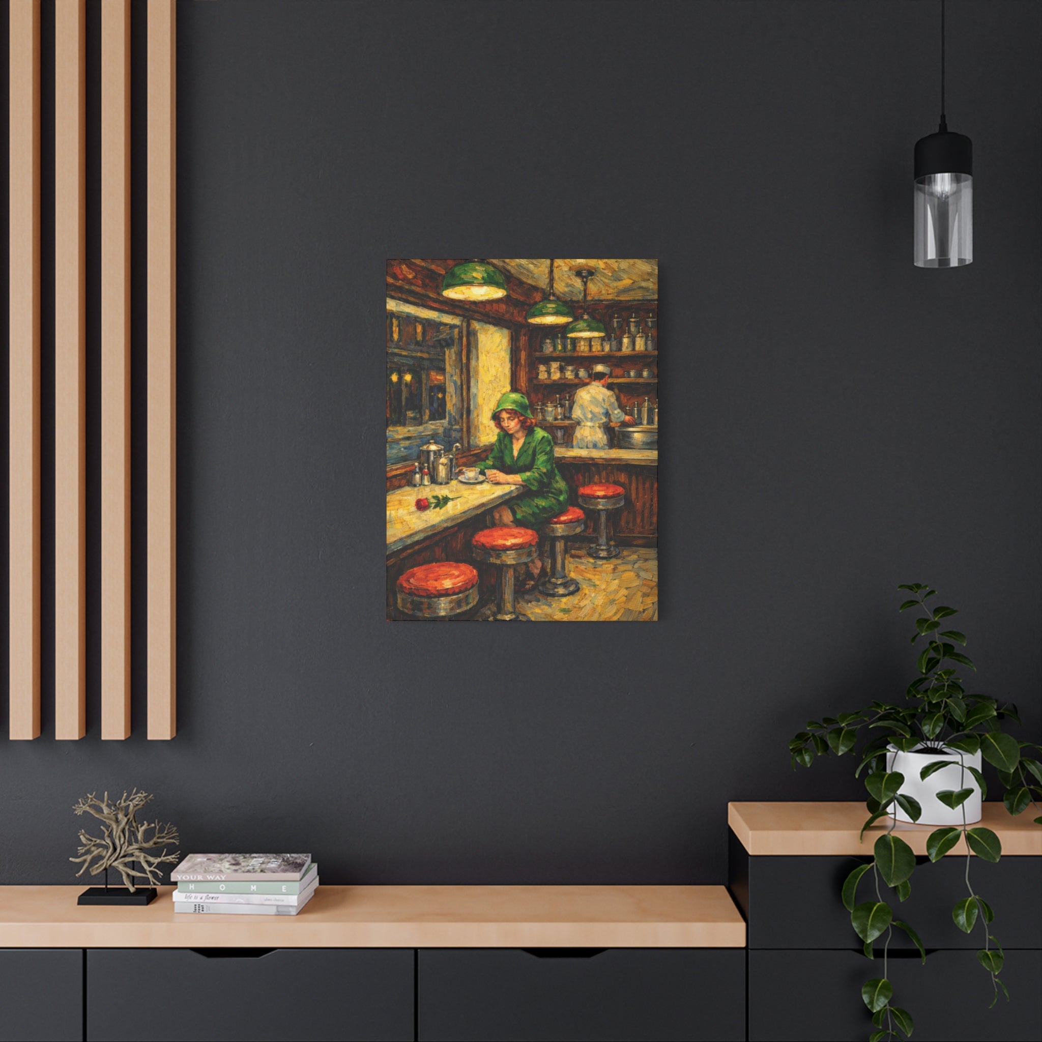 Woman at Diner Counter | Matte Canvas Stretched | Homage to Hopper and Van Gogh