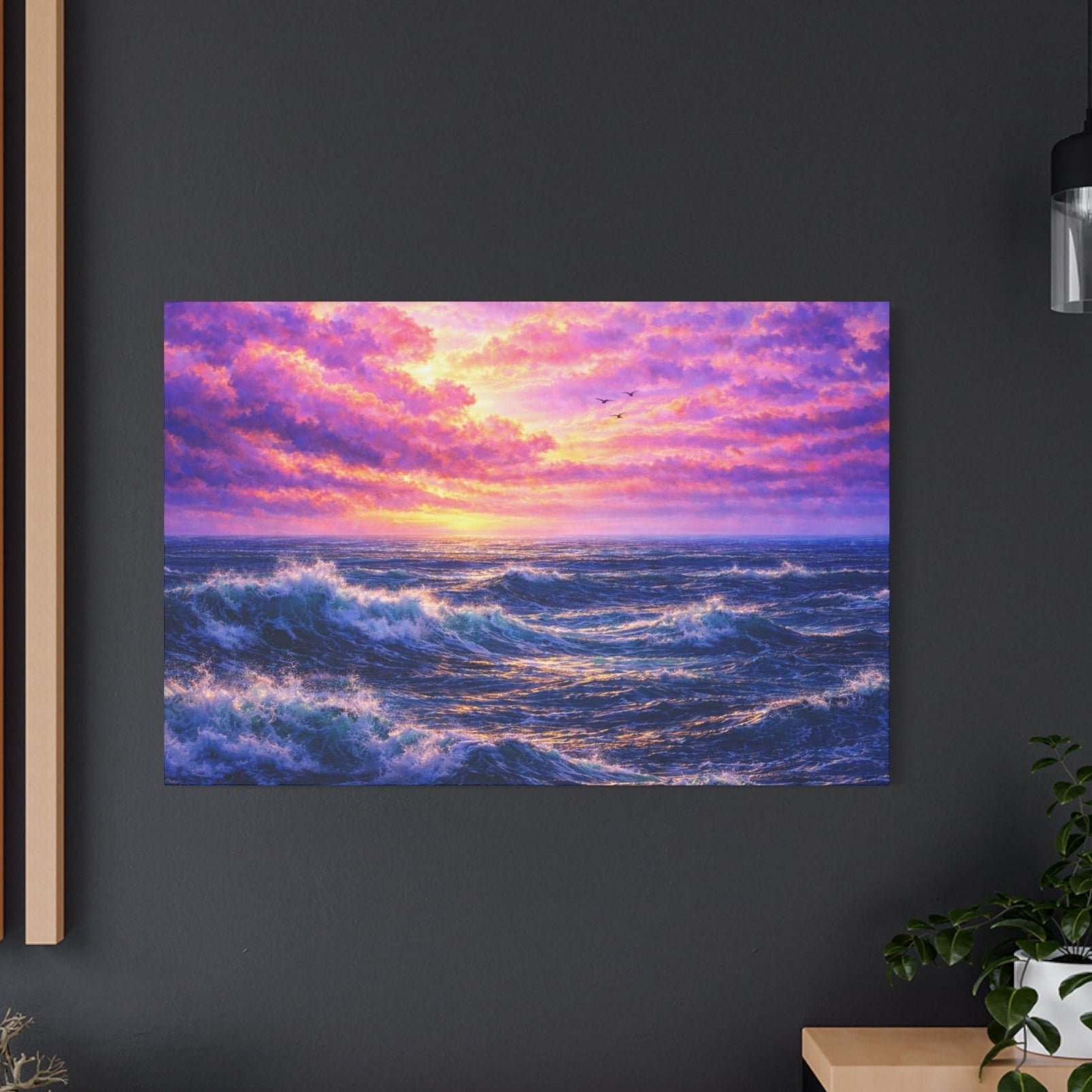 Radiant Tides, Ocean Sunset Canvas Wall Art.  Rolling turquoise waves.