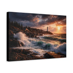 Lighthouse on a rocky coastline with dramatic clouds and sunset.