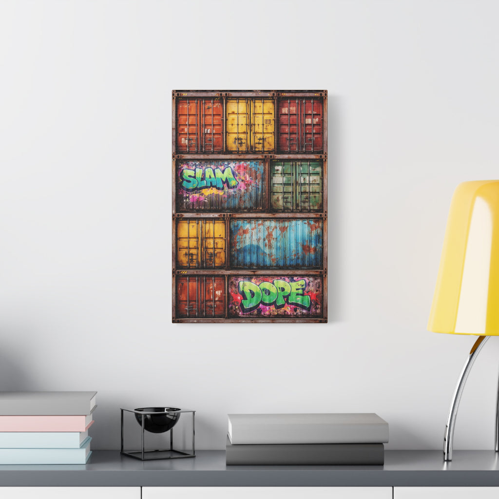 Colorful graffiti-style artwork on a wall above a desk with books and a lamp.