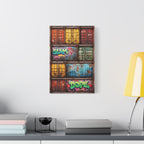 Colorful graffiti-style artwork on a wall above a desk with books and a lamp.