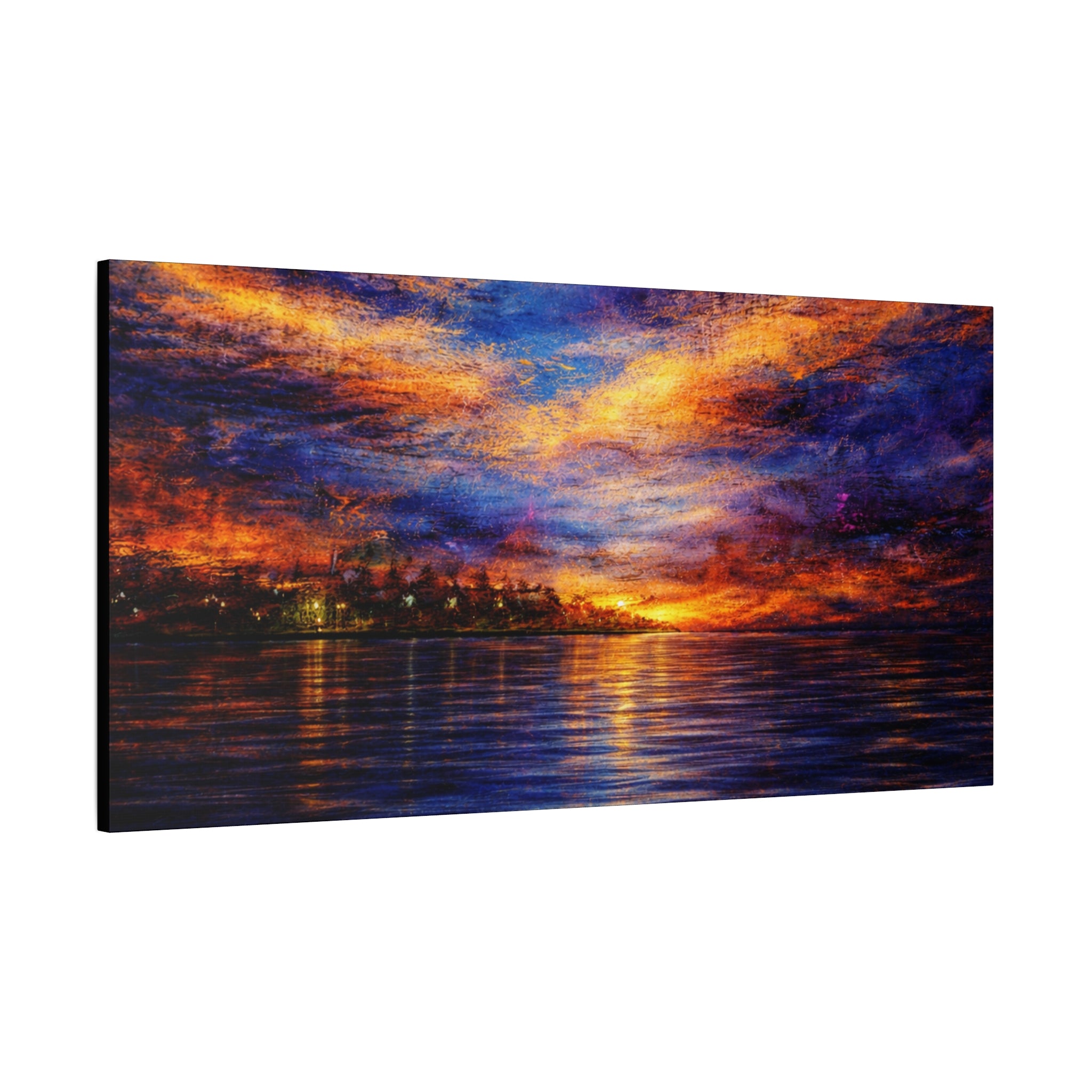 Vibrant Sunset Over Water Canvas | Large Abstract Seascape Wall Art | Dramatic Blue & Orange Coastal Image