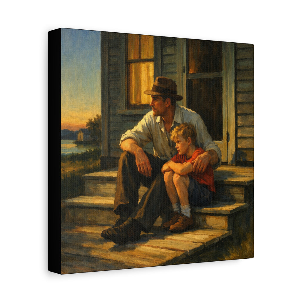 Painting of a man and a child sitting on a porch with a sunset in the background.