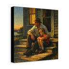 Painting of a man and a child sitting on a porch with a sunset in the background.