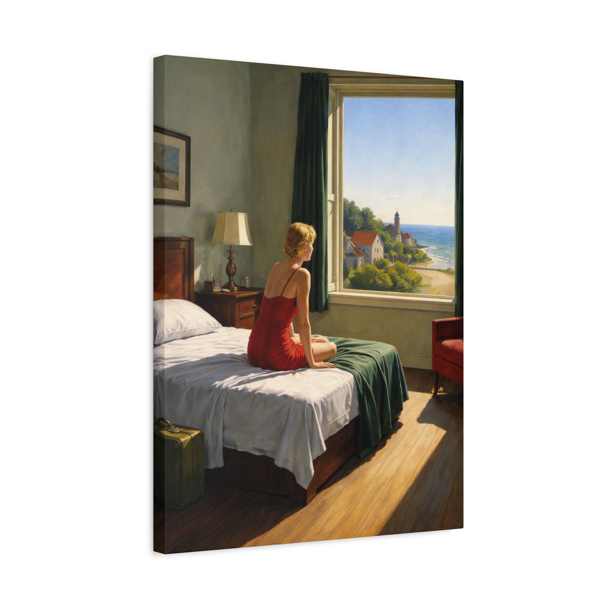 Woman in a red dress sitting on a bed looking out a window with a scenic view.