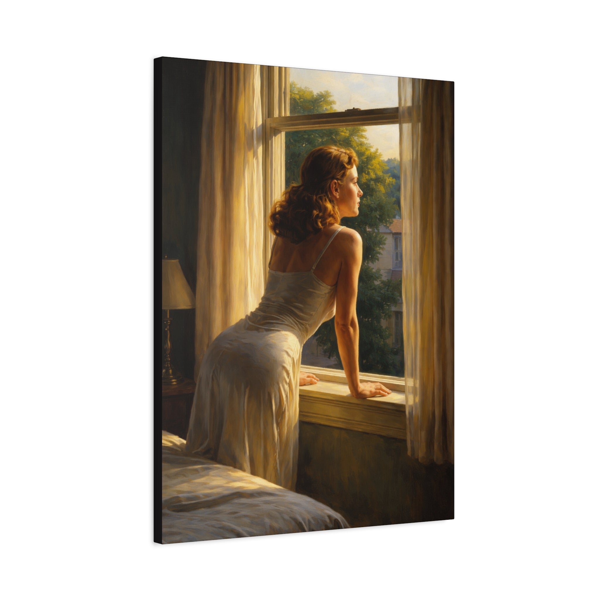 Galery wrapped painting of a woman looking out from window. Edward Hopper style.