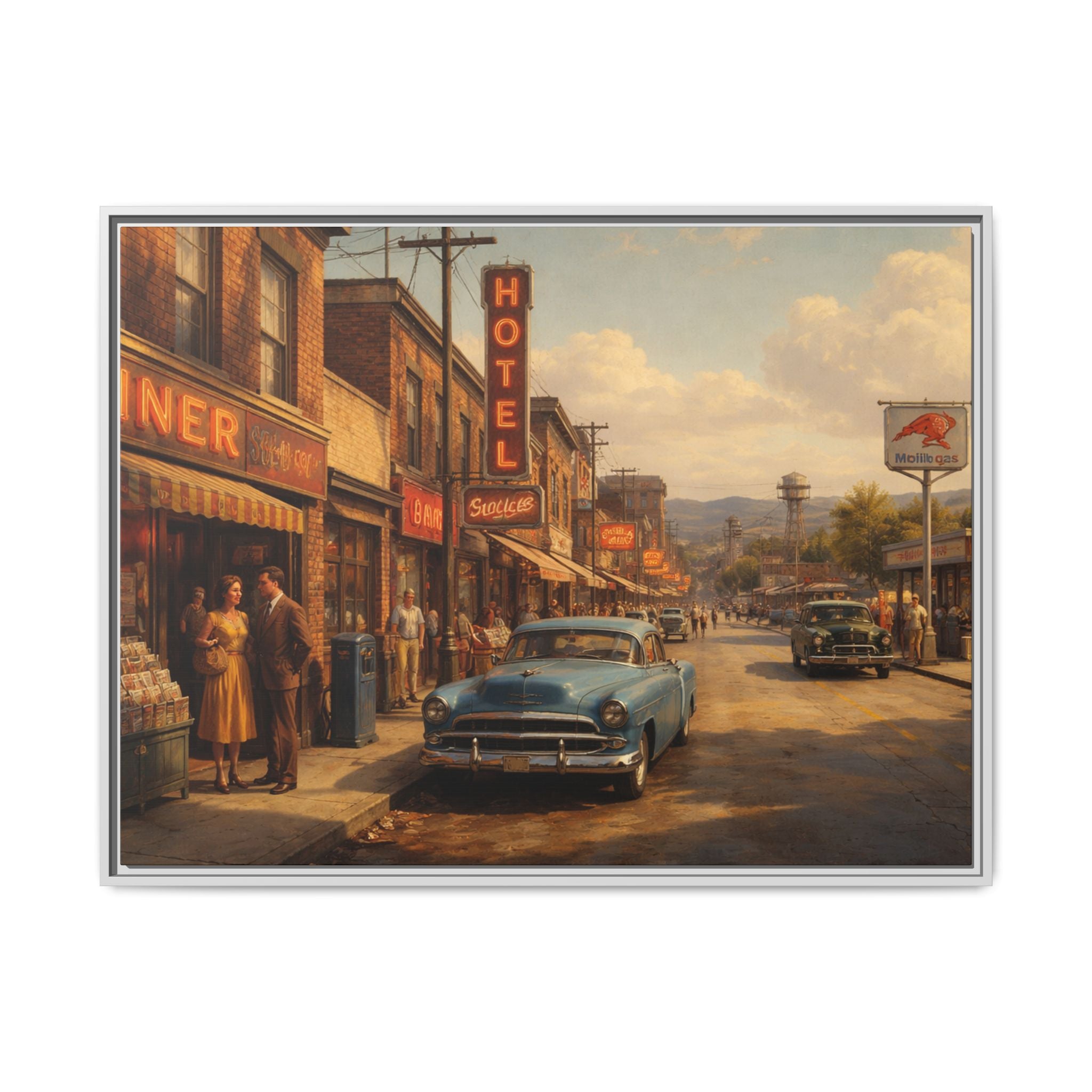 Framed Canvas | Golden Hour on Main Street | Mid Century American Realist Image