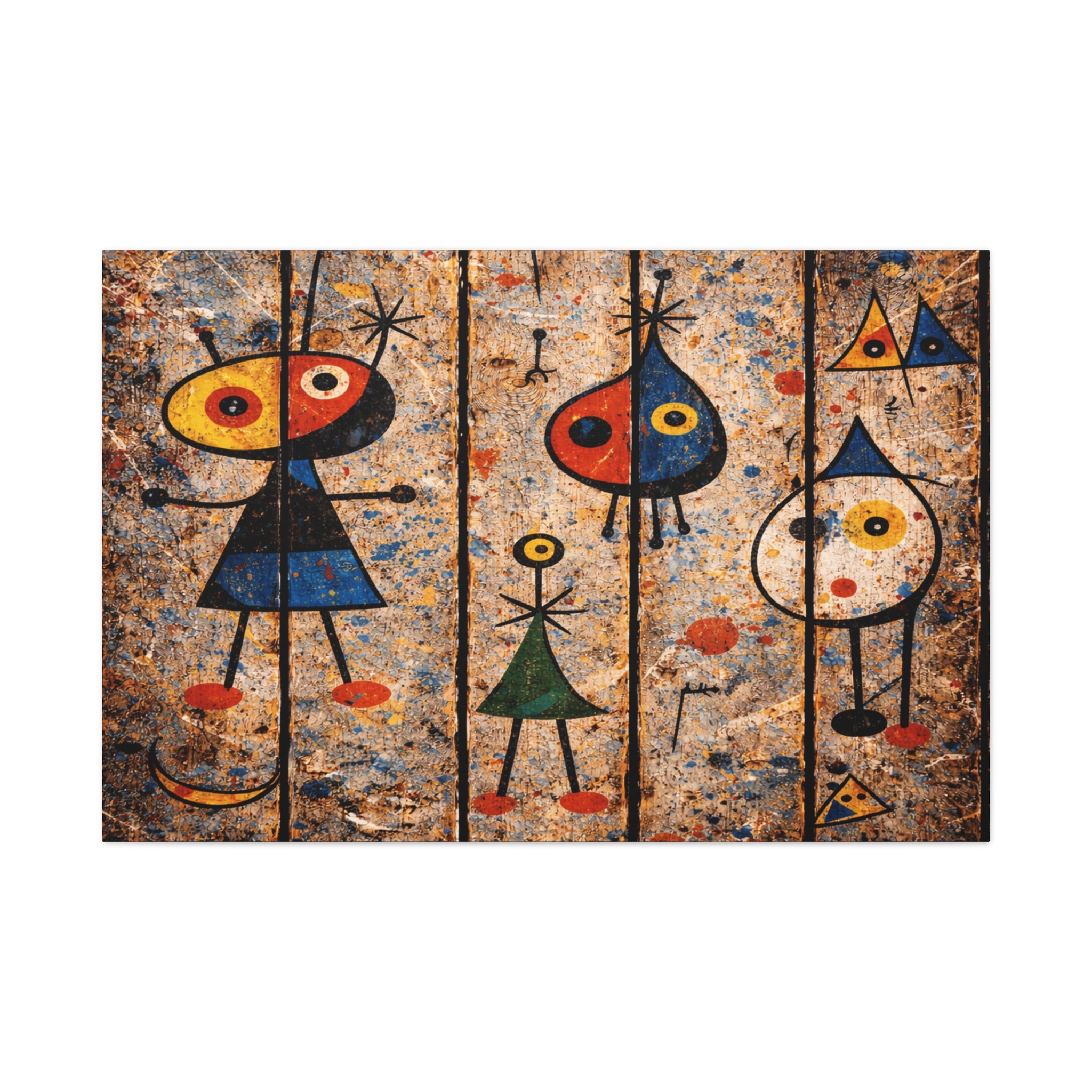 Abstract artwork with colorful figures on a textured background
