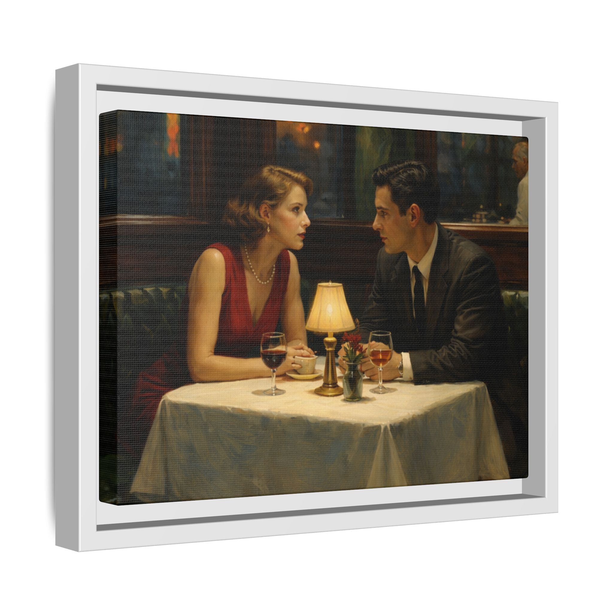 Framed Matte Canvas | Intimate evening in a dim restaurant | Edward Hopper Homage