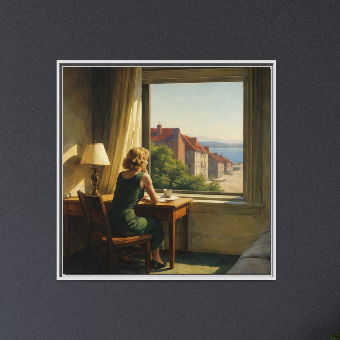 Woman at Window Painting Matte Canvas Framed | Coastal Town Sunlite
