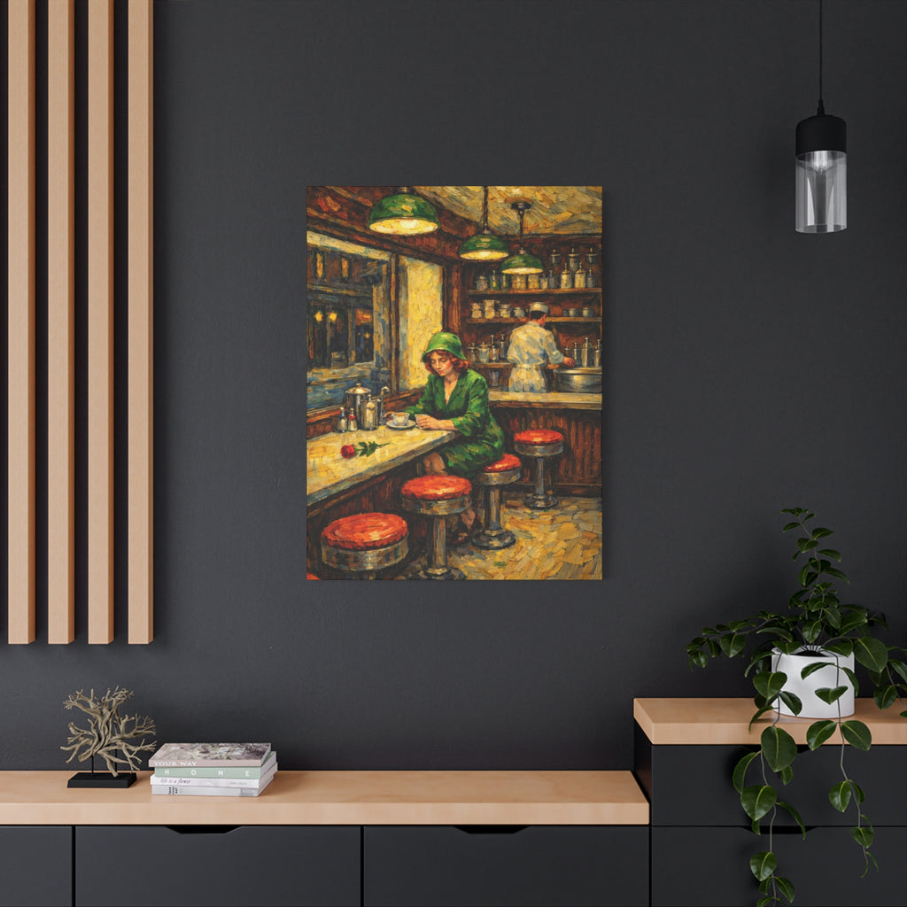Woman at Diner Counter | Matte Canvas Stretched | Homage to Hopper and Van Gogh