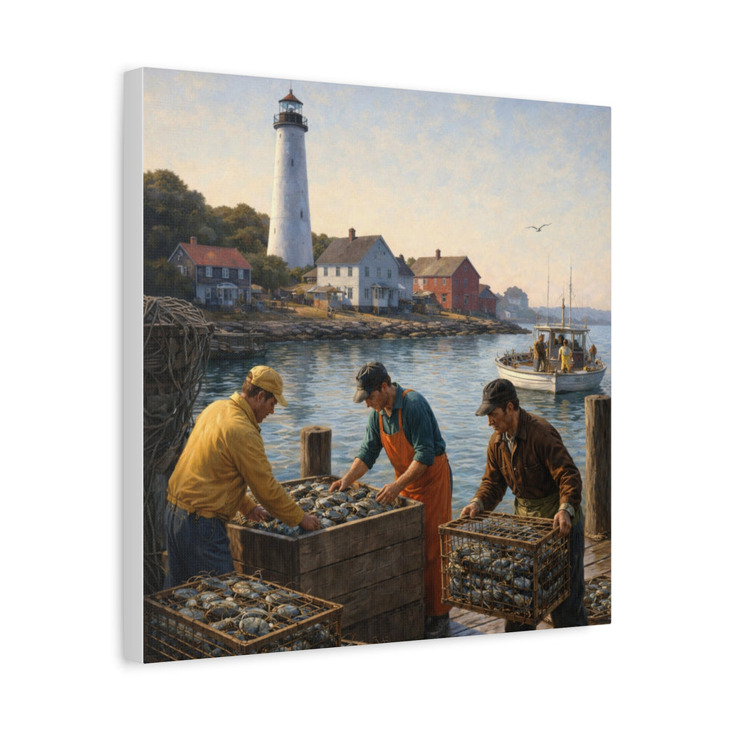 Square Canvas Wall Art | Fishermen unloading crabs at sunset