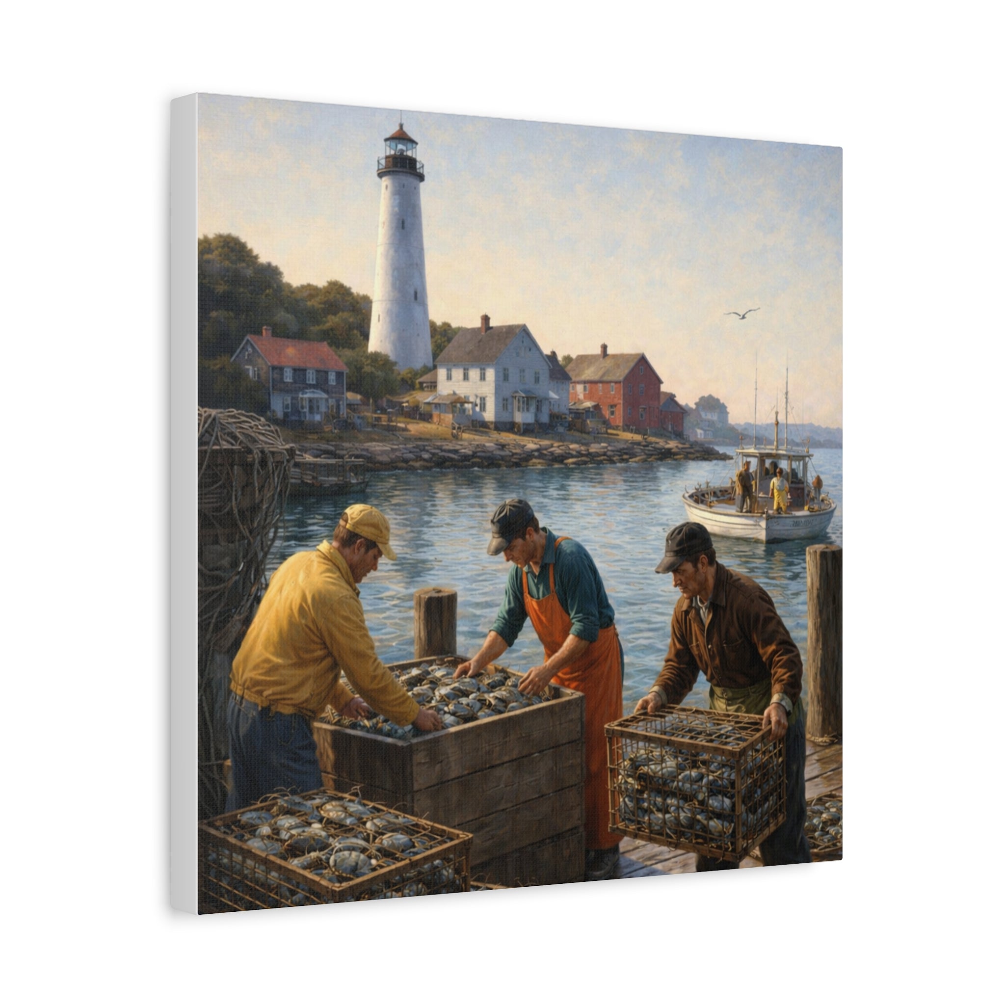 Square Canvas Wall Art | Fishermen unloading crabs at sunset