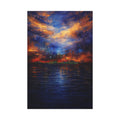 Painting of a sunset over water with vibrant colors