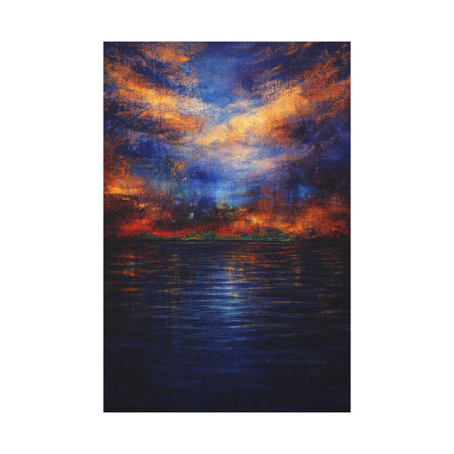 Painting of a sunset over water with vibrant colors