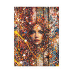 Artistic depiction of a woman's face with colorful abstract patterns