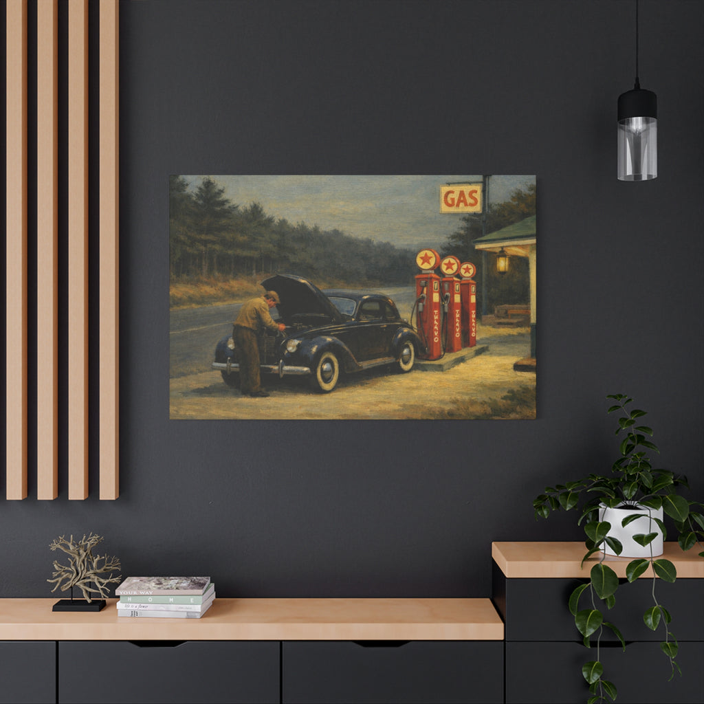 Vintage Service Station Scene Canvas, Stretched Matte Wall Art
