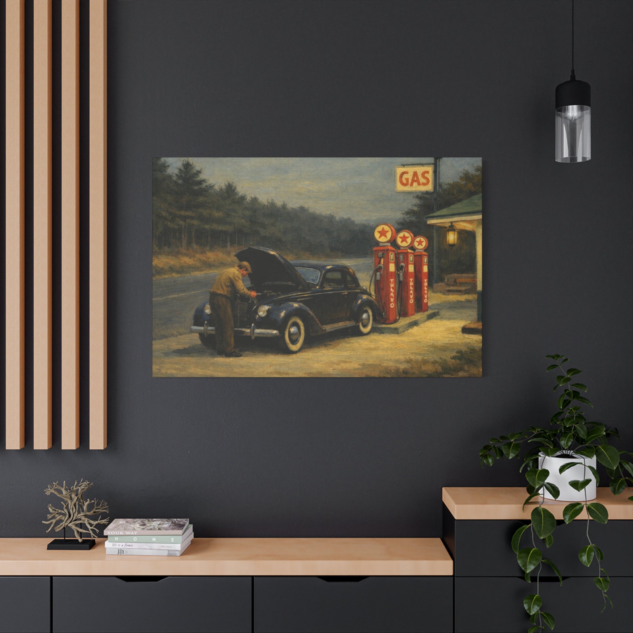 Vintage Service Station Scene Canvas, Stretched Matte Wall Art