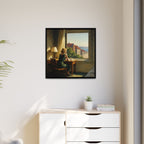 Framed painting of a woman by a window in a modern living room.