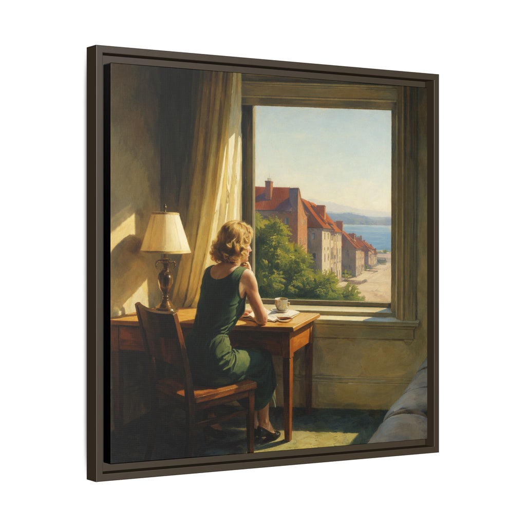 Painting of a woman sitting at a desk by a window with a view of buildings and trees.