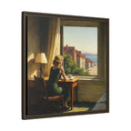 Painting of a woman sitting at a desk by a window with a view of buildings and trees.