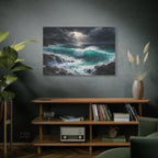 Room interior with a large ocean painting on the wall above a wooden shelf.