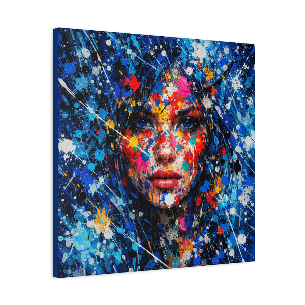 Colorful abstract painting of a woman's face with splashes of color on a white background