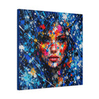 Colorful abstract painting of a woman's face with splashes of color on a white background
