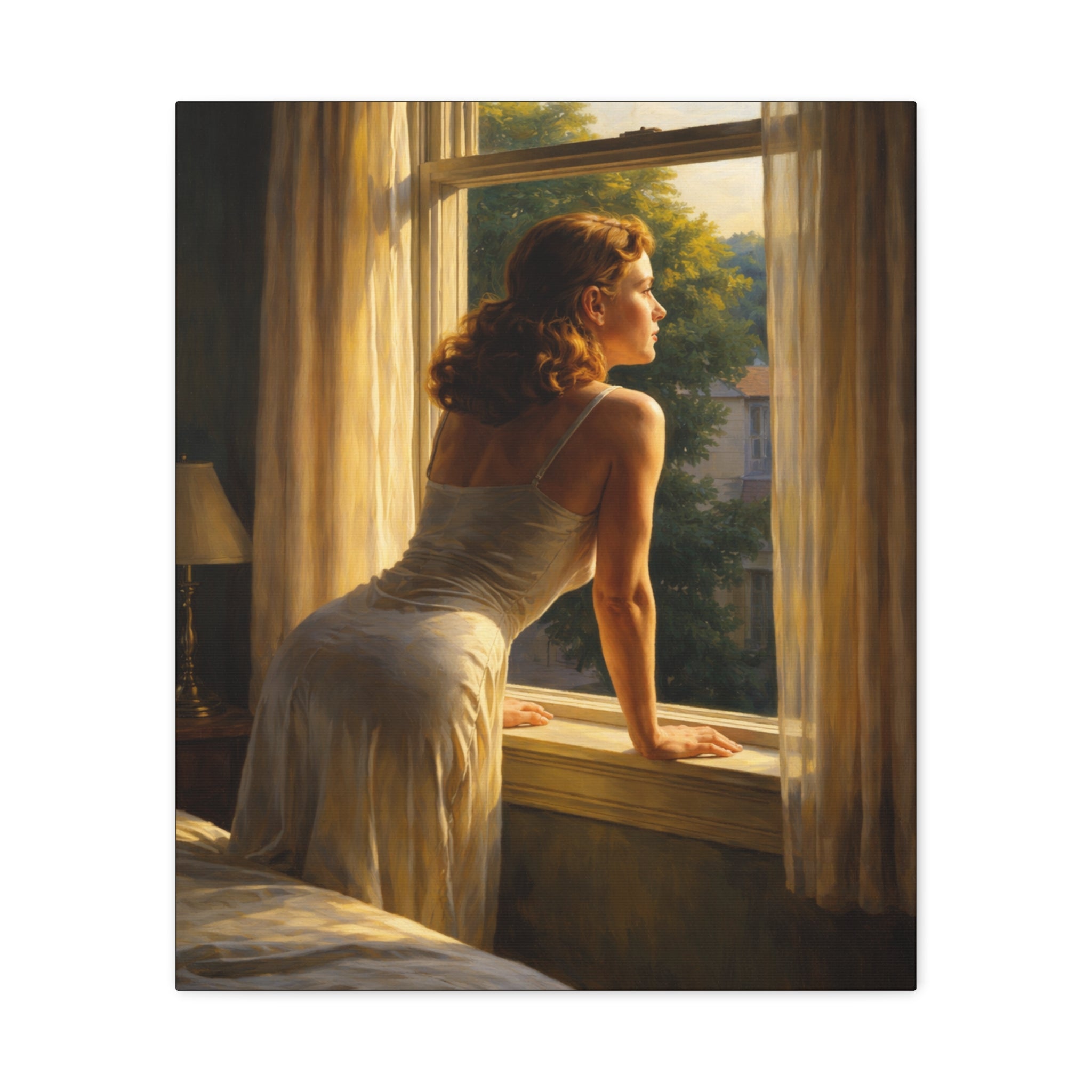 Framed painting of a woman looking out from window. Edward Hopper style.