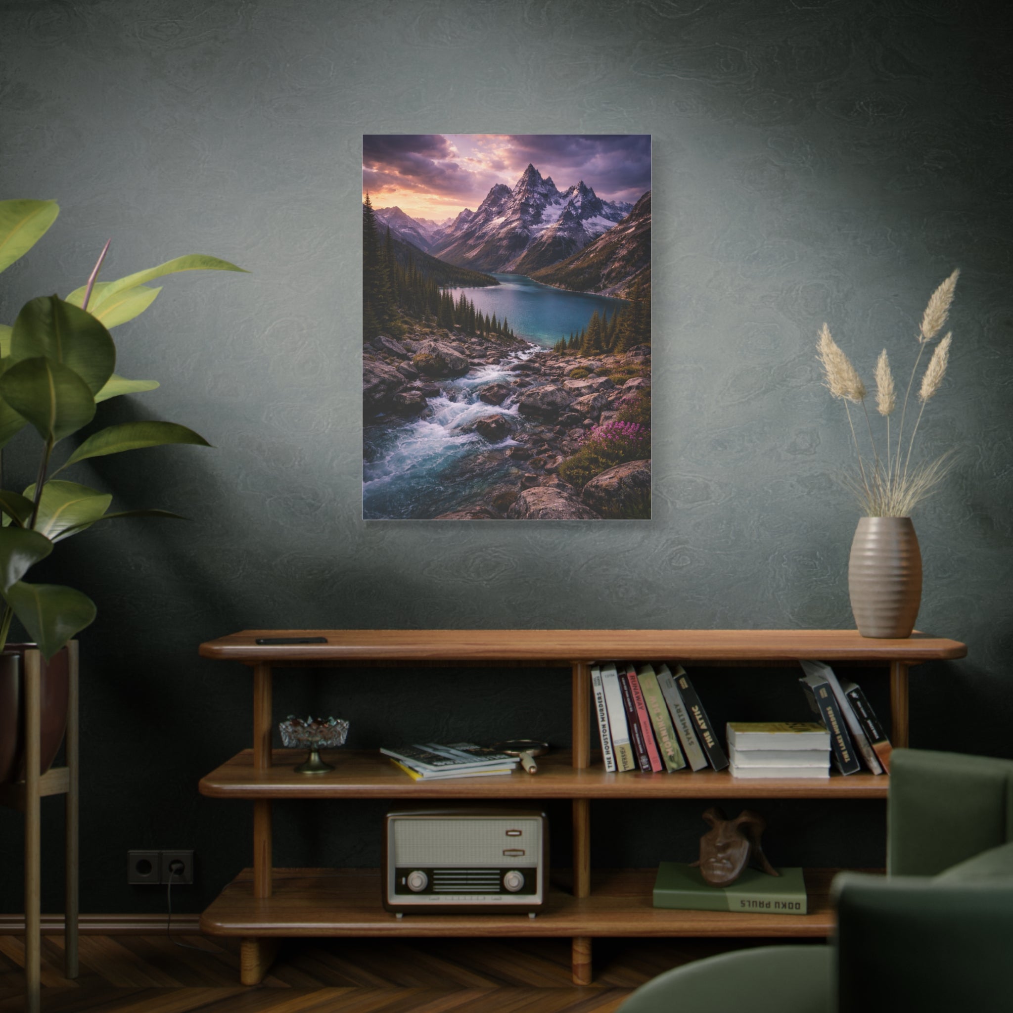 Vertical mountain lake canvas wall art with rocky trail and snow covered peaks