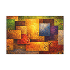Abstract art piece with geometric shapes and vibrant colors on a white background
