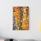 Abstract art piece on a wall above a table with books and a lamp.